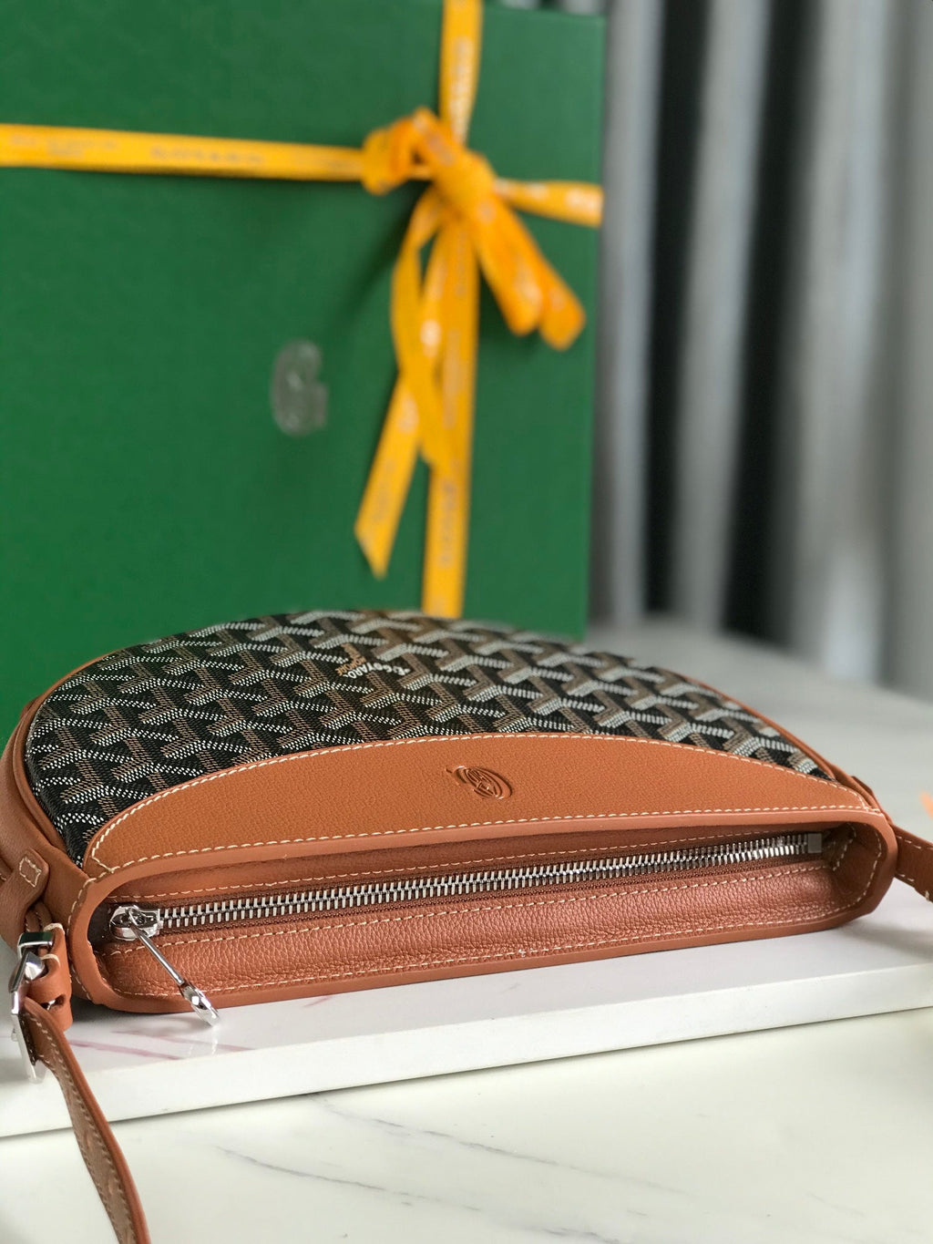 HIRONDELLE BAG 25 IN TAN LAMBSKIN AND BLACK GOYARDINE CANVAS