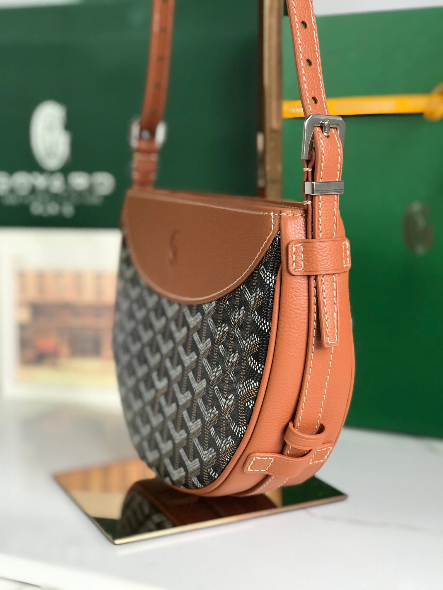 HIRONDELLE BAG 25 IN TAN LAMBSKIN AND BLACK GOYARDINE CANVAS