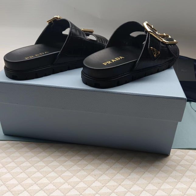 PRADA 26S STRAP SLIDES IN BLACK CROC EMBOSSED CALFSKIN GOLD HARDWARE