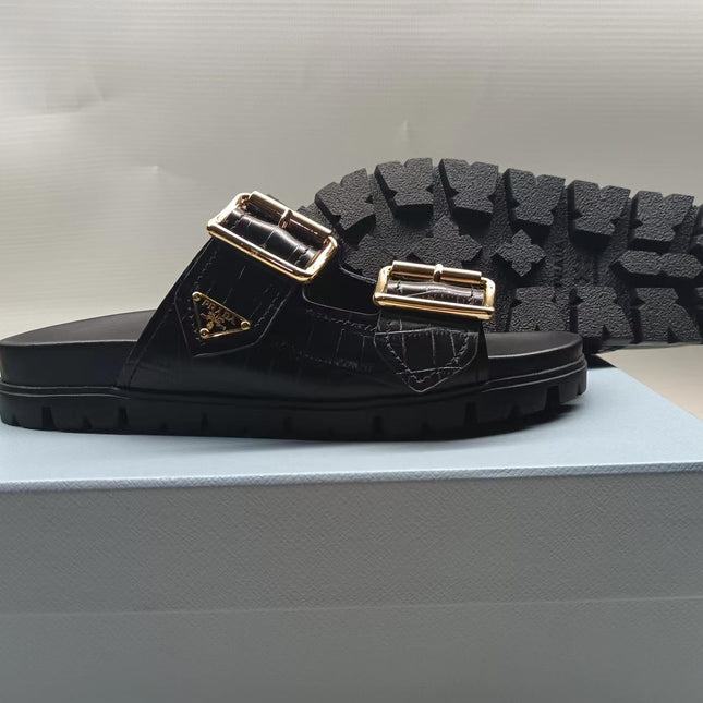 PRADA 26S STRAP SLIDES IN BLACK CROC EMBOSSED CALFSKIN GOLD HARDWARE