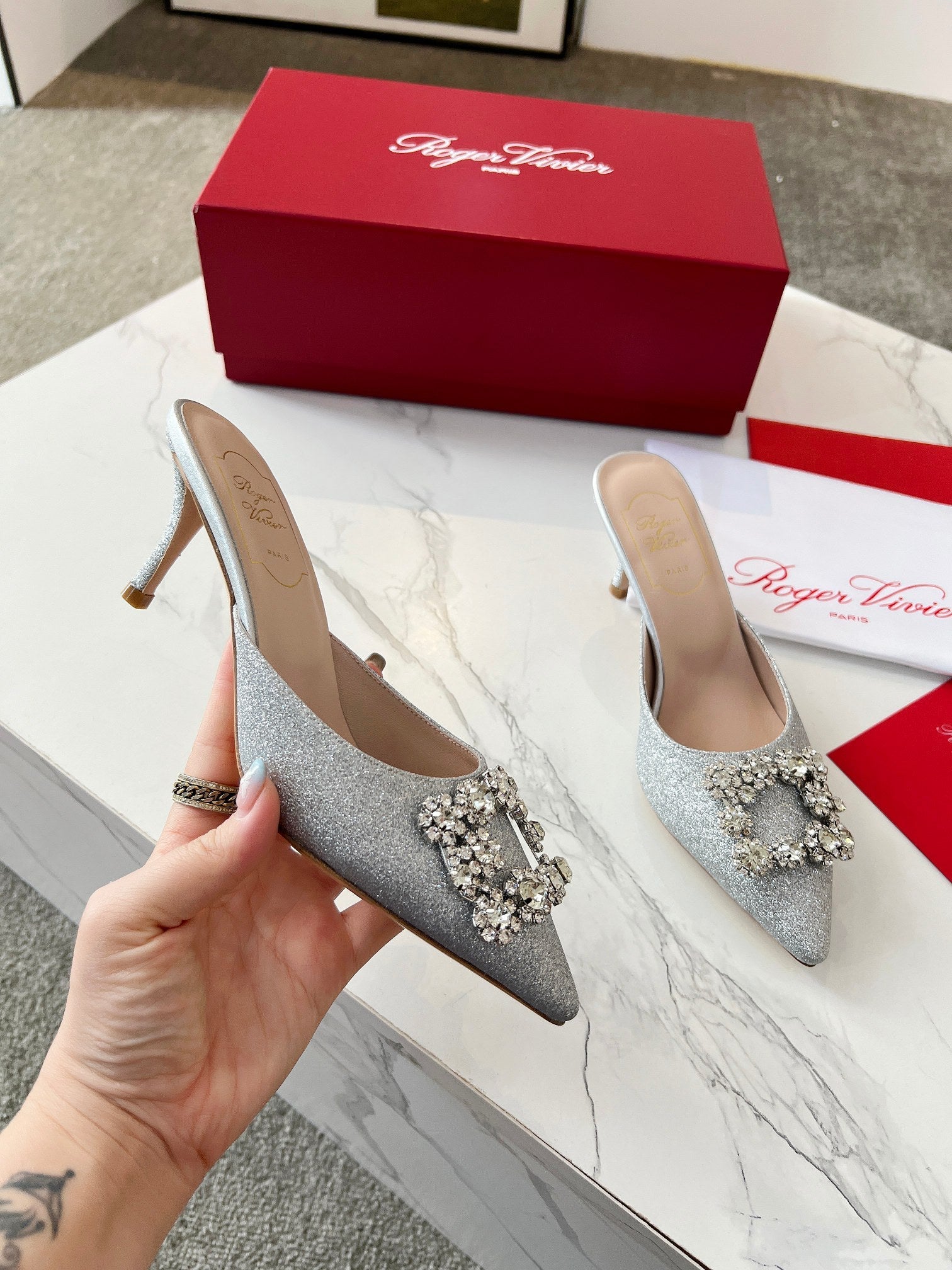 EFFLORESCENCE MULES IN SILVER SATIN EMBELLISHED GLITTER