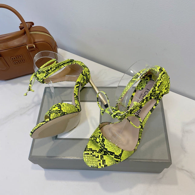 TOM FORD 26S HIGH HEEL SANDALS IN NEON YELLOW AND BLACK SNAKESKIN CALFSKIN