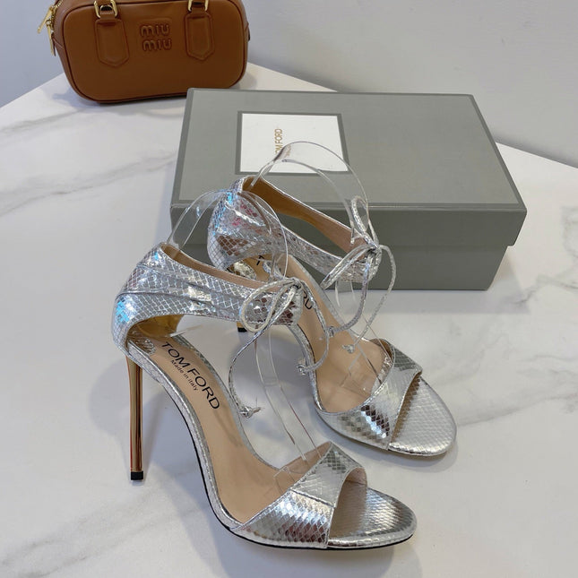 TOM FORD 26S HIGH HEEL SANDALS IN METALLIC SILVER SNAKESKIN CALFSKIN