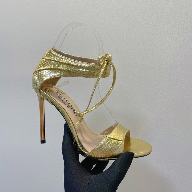TOM FORD 26S HIGH HEEL SANDALS IN METALLIC GOLD SNAKESKIN CALFSKIN