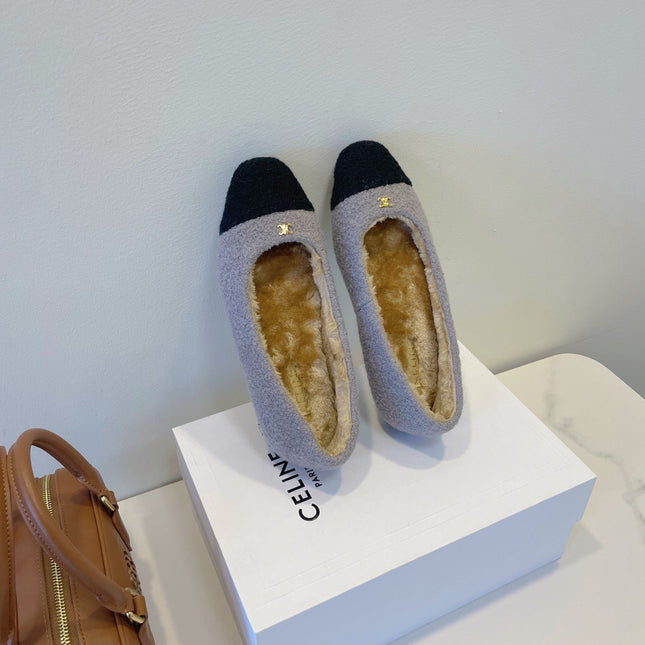 CELINE 26S FLAT SHOES IN GREY AND BLACK WOOL