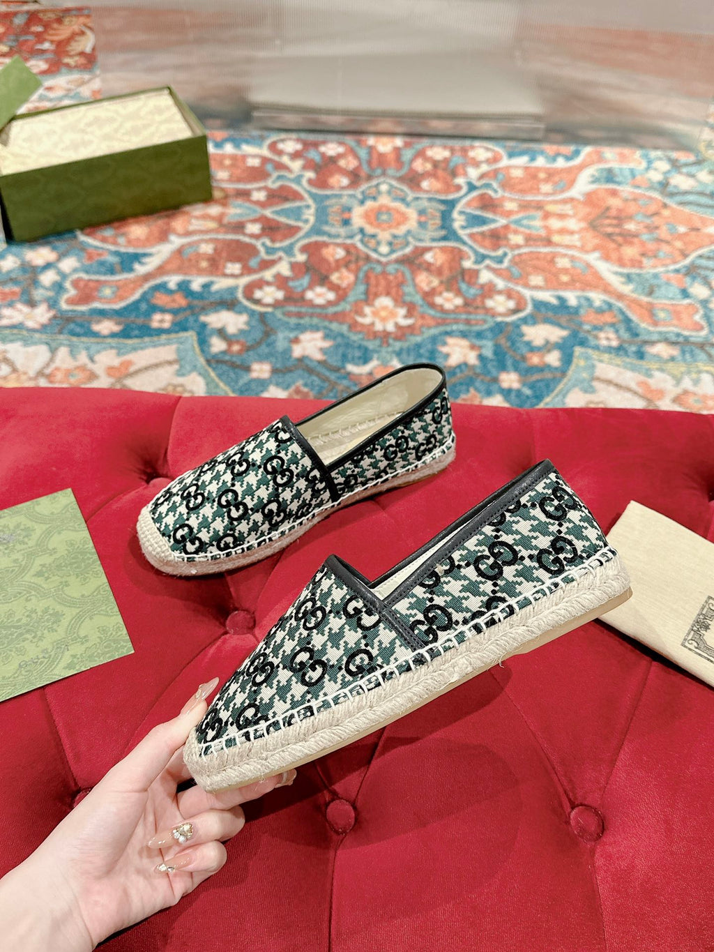 GG ESPADRILLE LOAFER BLACK AND BASIL CANVAS