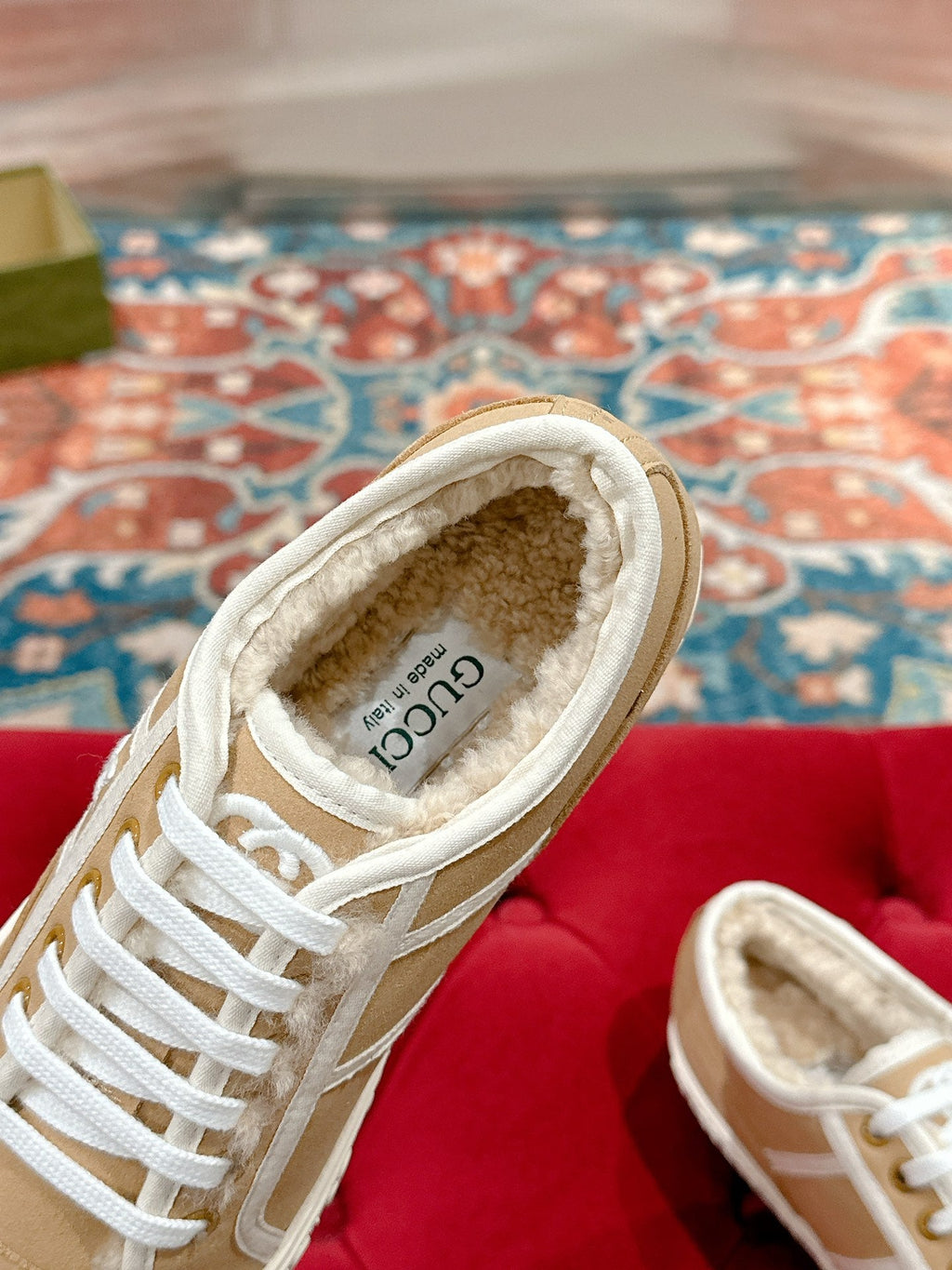 GG CANVAS SNEAKER IN CAMEL BROWN DENIM WITH BEIGE FLEECE LINING