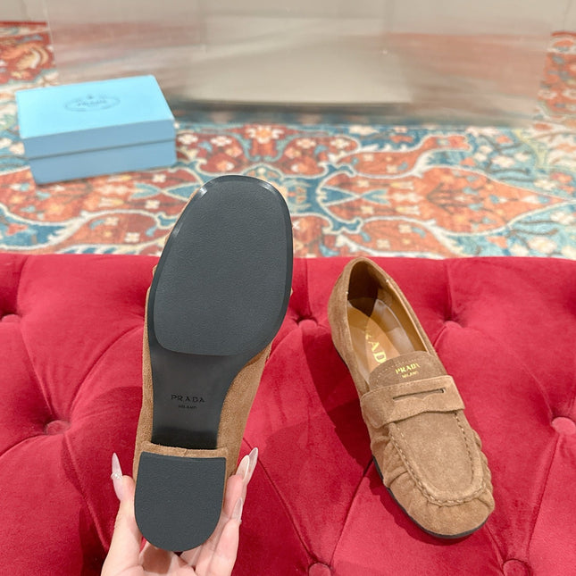 PRADA 26S LOAFERS 25MM IN CARAMEL BROWN SUEDE