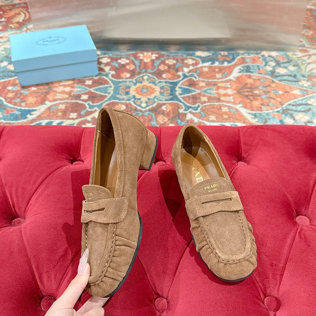 PRADA 26S LOAFERS 25MM IN CARAMEL BROWN SUEDE