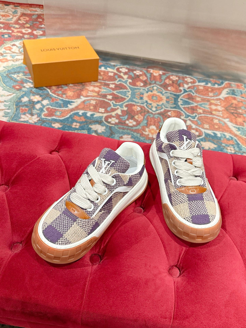LV 26S PLAID SNEAKERS IN BEIGE MIX PURPLE FABRIC