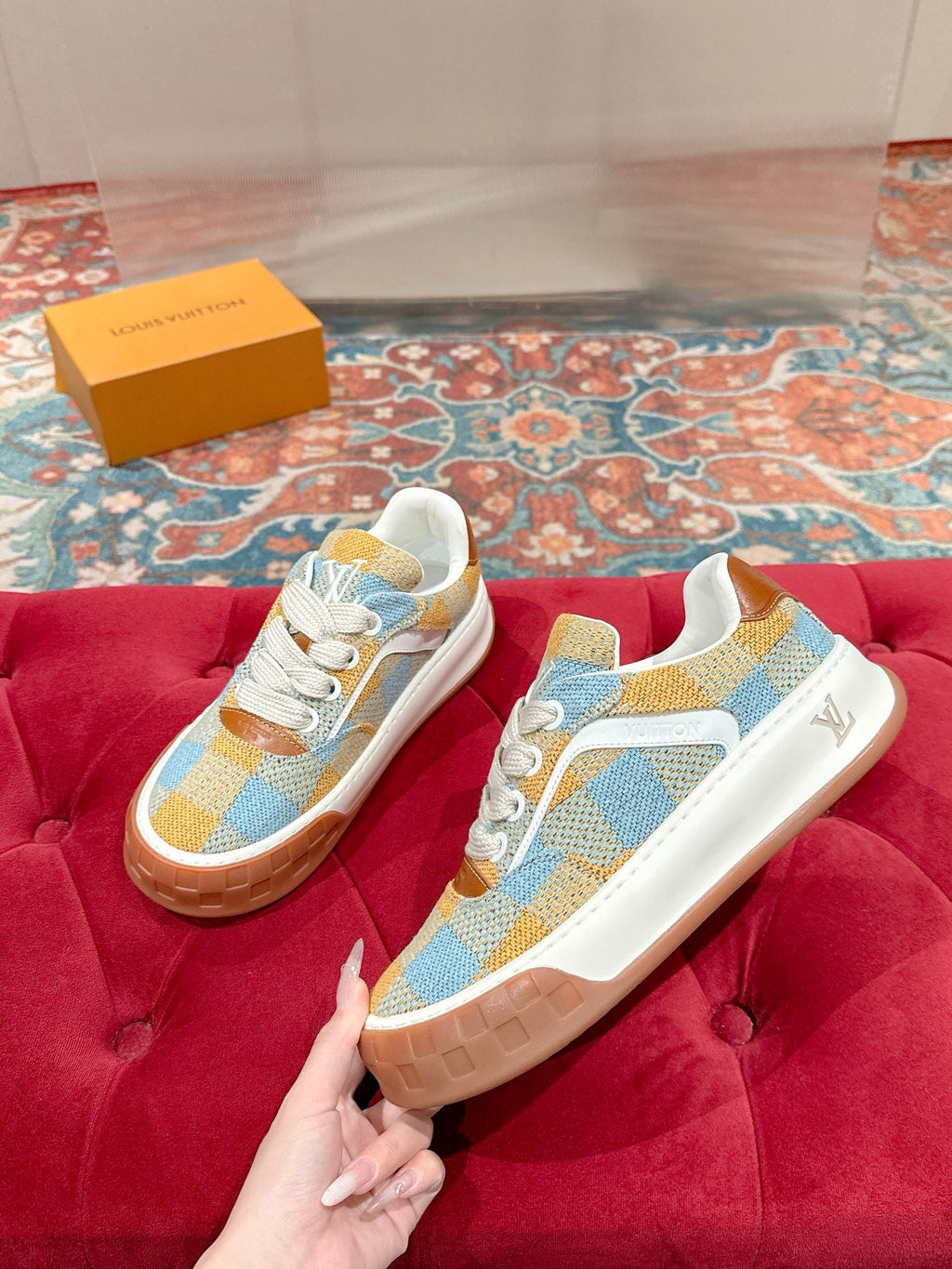 LV 26S PLAID SNEAKERS IN YELLOW MIX SKY BLUE FABRIC