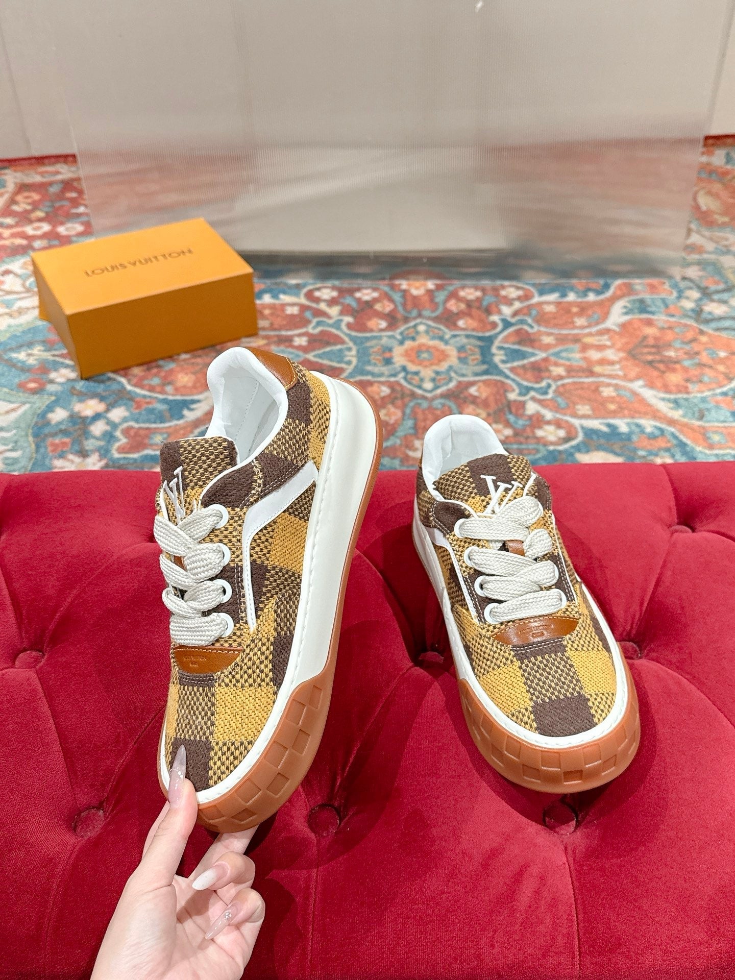 LV 26S PLAID SNEAKERS IN BROWN MIX YELLOW FABRIC