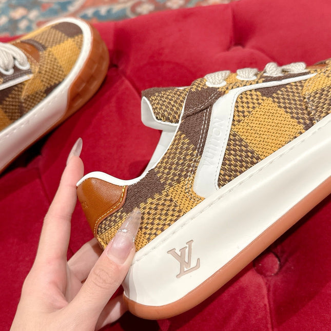 LV 26S PLAID SNEAKERS IN BROWN MIX YELLOW FABRIC