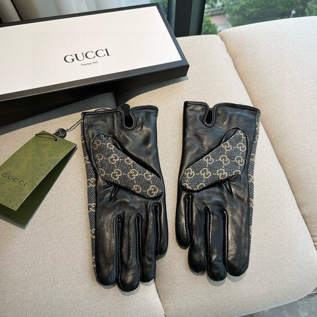 HORSEBIT GLOVES IN STONE BLUE MONOGRAM JACQUARD FABRIC MIX BLACK SHEEPSKIN 456333