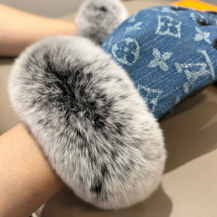 FINGERLESS GLOVES IN ELECTRIC BLUE MONOGRAM DENIM AND LAMBSKIN WITH RABBIT FUR 458591