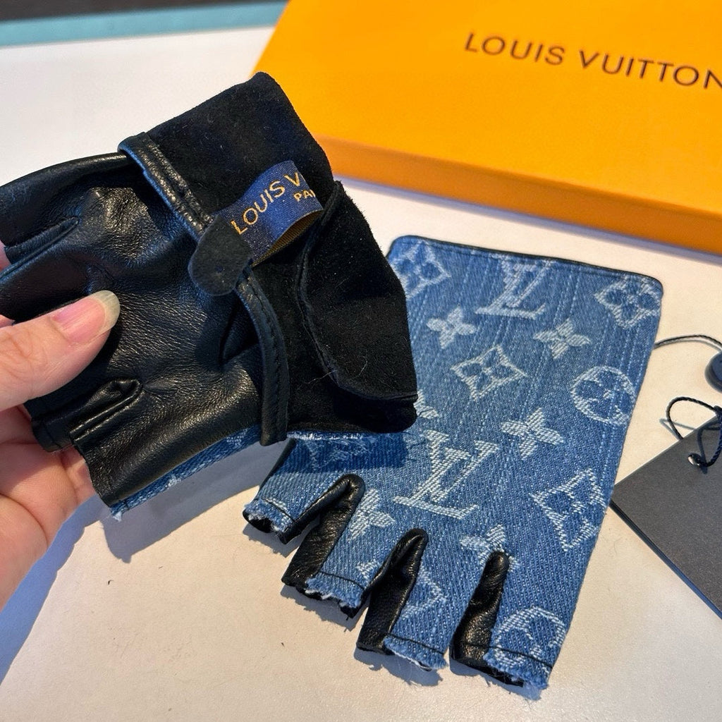 FINGERLESS GLOVES IN ELECTRIC BLUE MONOGRAM DENIM AND BLACK LAMBSKIN 460107