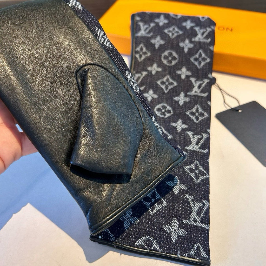 FINGERLESS LONG GLOVES IN BLACK MONOGRAM DENIM AND LAMBSKIN