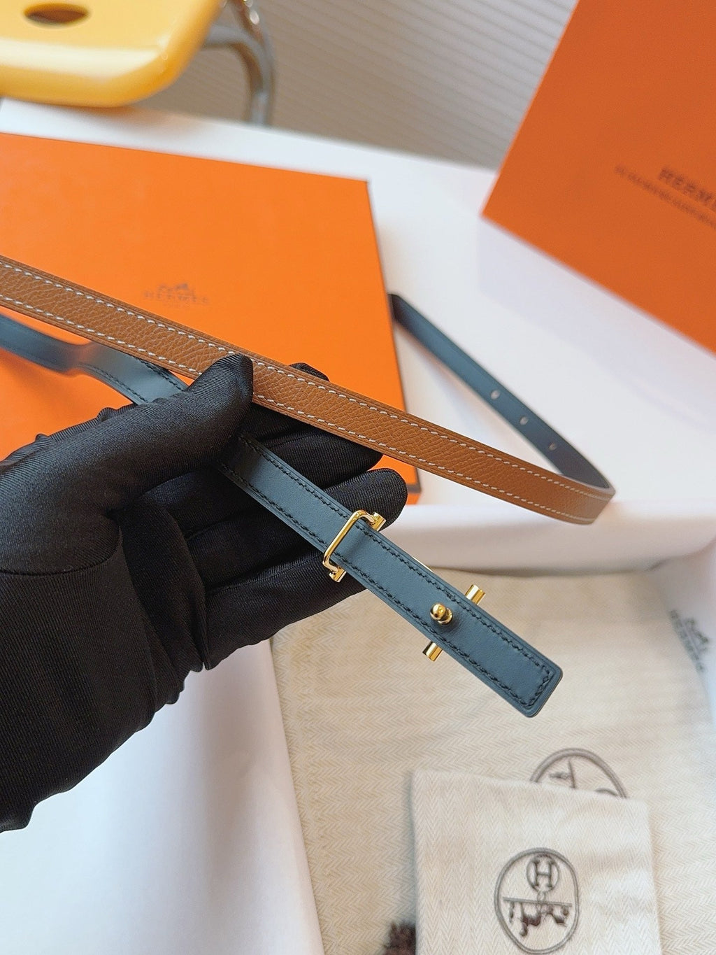 HM REVERSIBLE ANCRE KIT 13MM BELT IN BROWN CALFSKIN GOLD-TONE HARDWARE