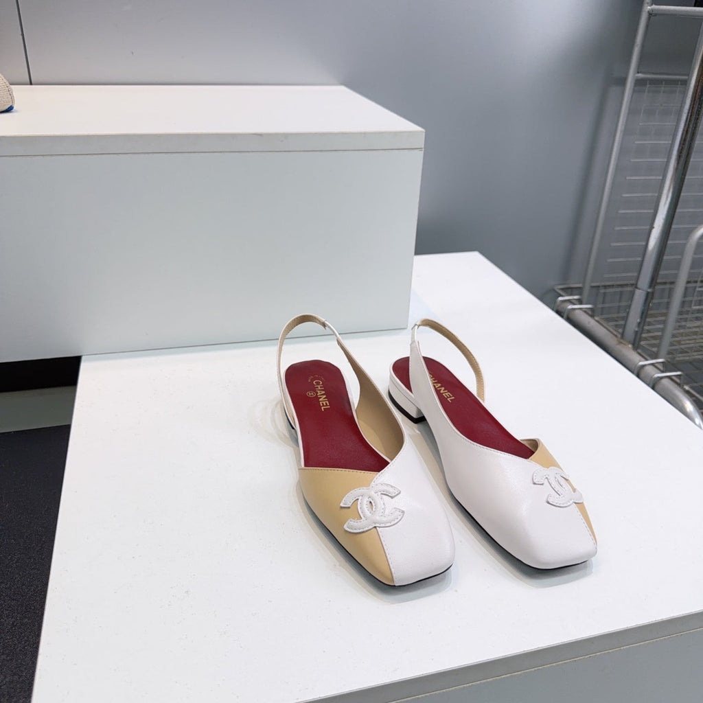 CHANEL 26S FLAT SLINGBACK IN BEIGE AND WHITE LAMBSKIN