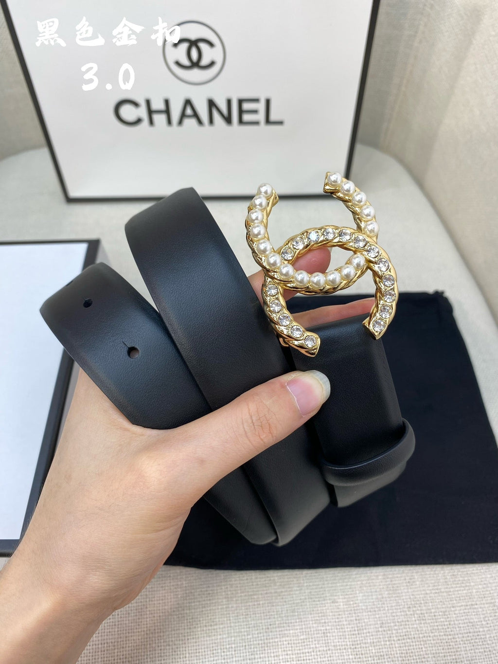 CC BELT 30 MM IN BLACK CALFSKIN WITH GOLD BUCKLE HARDWARE ATTACH PEARL
