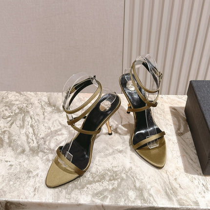 YSL 25S STRAPPY HIGH-HEEL SANDALS 100 MM IN OLIVE GREEN LAMBSKIN