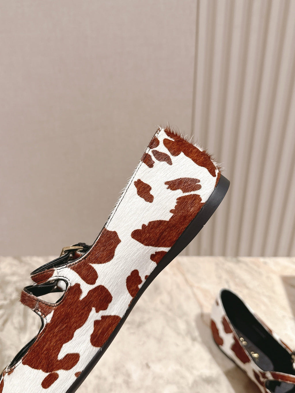 PRADA 25S CRYSTAL EMBELLISHED BALLERINA IN WHITE AND DARK BROWN FUR
