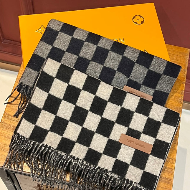 DAMIER SCARF 180 CM IN MIDNIGHT BLUE MIX GRAY CASHMERE 388316