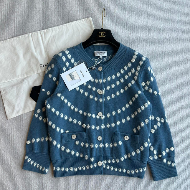 Chanel 25P Cardigan Dark Blue Mix White Cashmere 229517