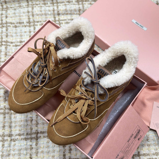 MIUMIU 26S SNEAKERS IN DARK BROWN SUEDE AND SHEARLING
