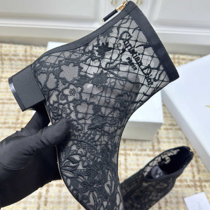 DIOR 26S ANKLE BOOTS 35MM IN BLACK FLORAL LACE MESH BLOCK HEEL