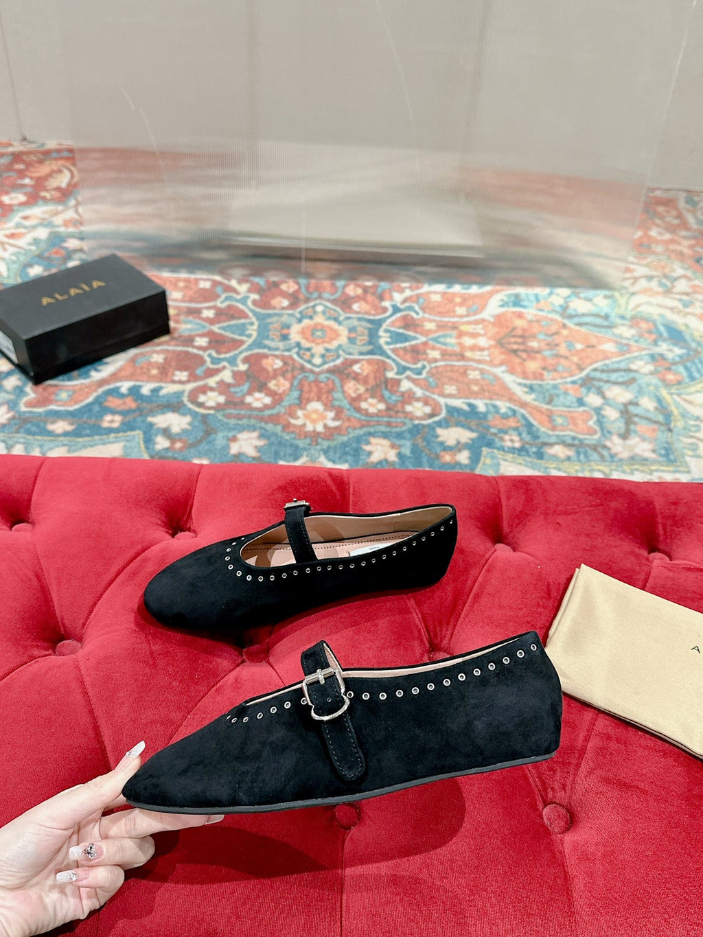 ALAIA MARY JANE IN BLACK SUEDE WITH SILVER HARDWARE