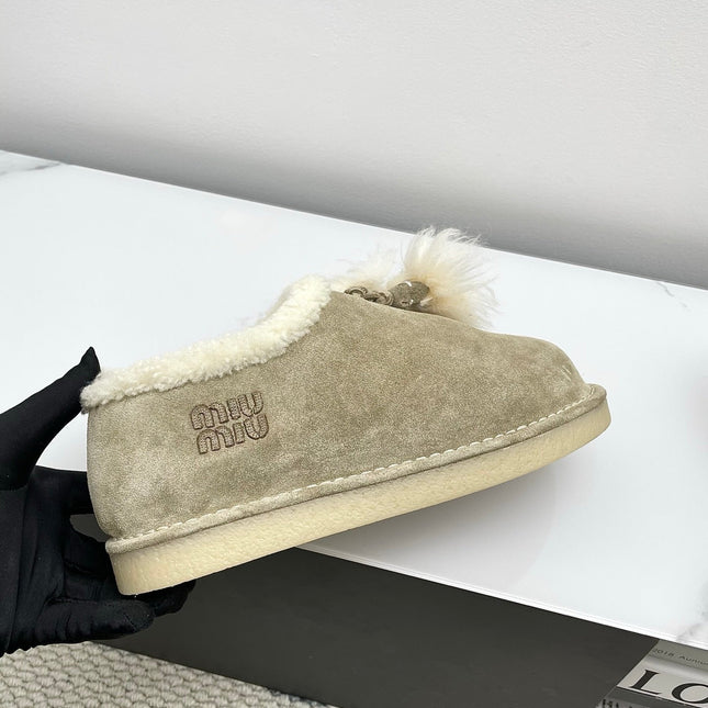 MIUMIU 26S ANKLE SHEARLING BOOTS IN TAUPE BEIGE SUEDE