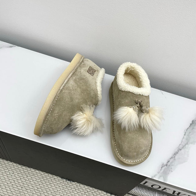 MIUMIU 26S ANKLE SHEARLING BOOTS IN TAUPE BEIGE SUEDE