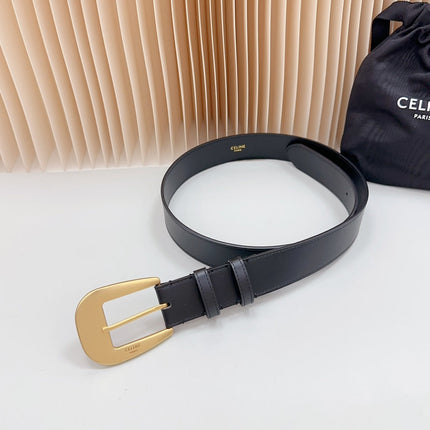 LARGE WESTERN 35 MM BELT BLACK CALFSKIN GOLD HARDWARE