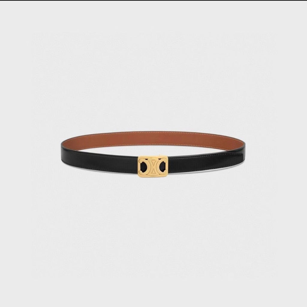 CL MEDIUM 25 MM REVERSIBLE FRAMED TRIOMPHE BELT BLACK AND BRONZE BROWN CALFSKIN GOLD HARDWARE