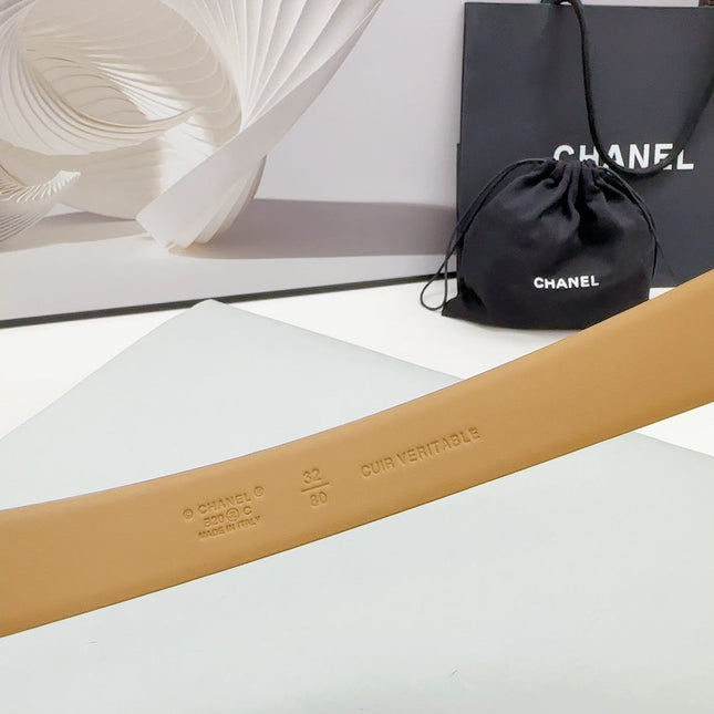 CC 30MM BELT IN CAMEL BEIGE CALFSKIN SILVER HARDWARE ATTACH PEARLS