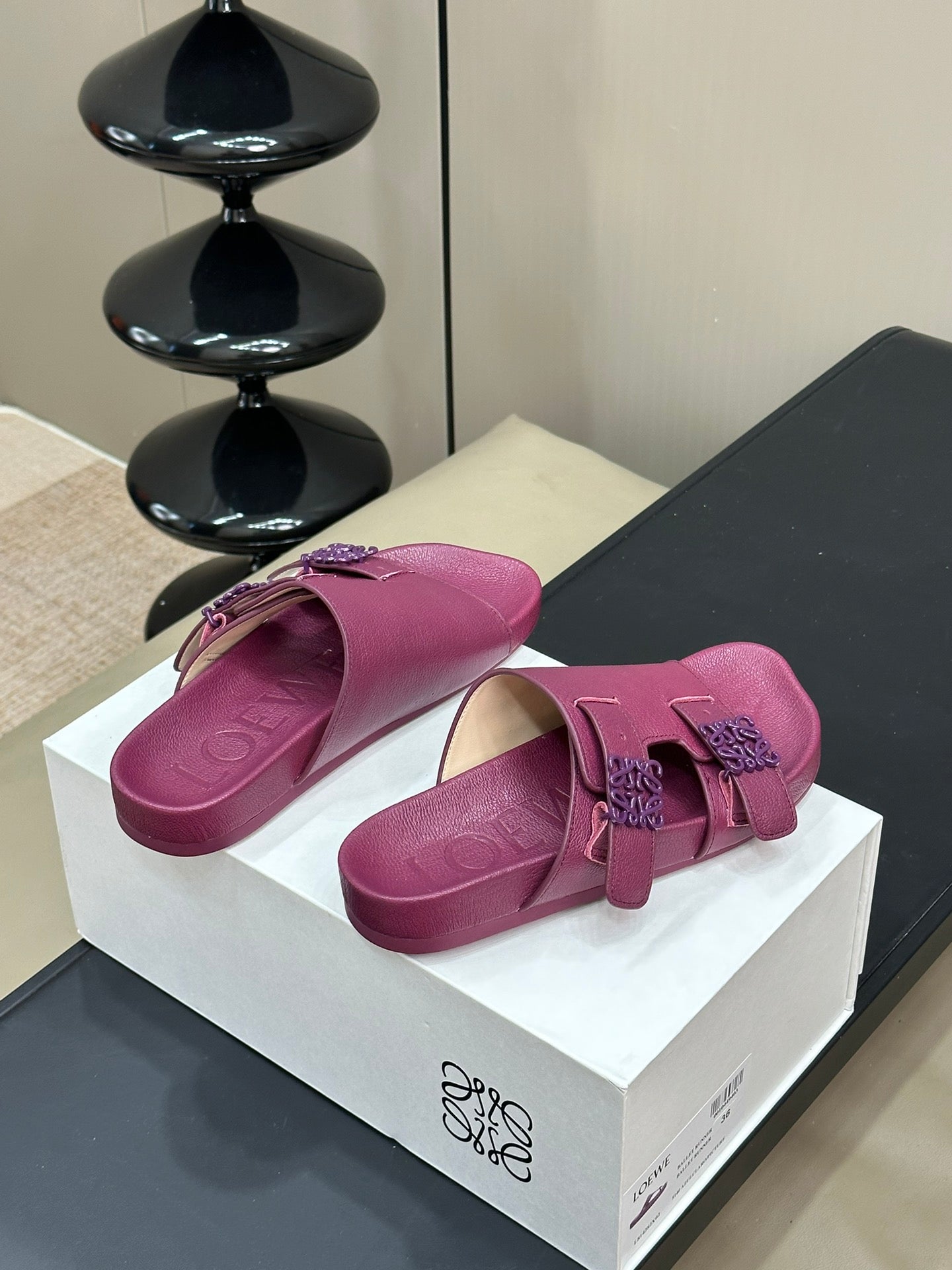 LOEWE 26S EASE SLIDE IN WINE RED CALFSKIN