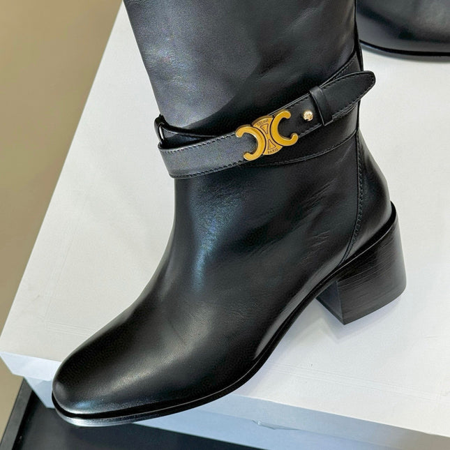 CELINE 26S HIGH-TOP HEELED BOOTS IN BLACK CALFSKIN