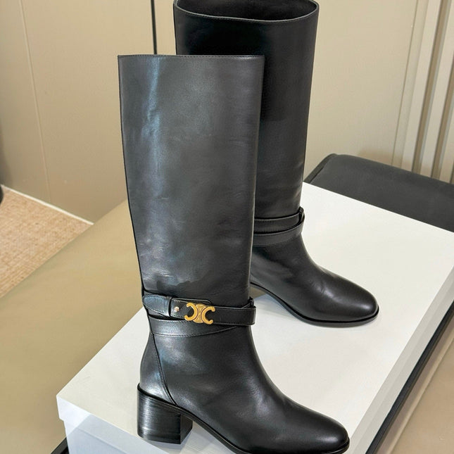 CELINE 26S HIGH-TOP HEELED BOOTS IN BLACK CALFSKIN