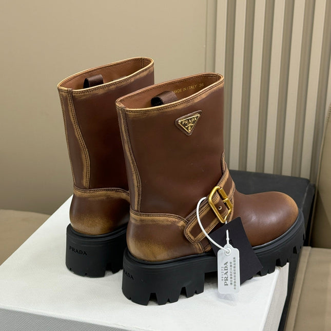 PRADA 25S PLATFORM ANKLE BOOTS IN DARK BROWN CALFSKIN WITH GOLD HARDWARE