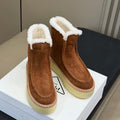 PRADA 25S PLATFORM ANKLE BOOTS 40 MM IN DARK BROWN SUEDE SHEARLING-LINED