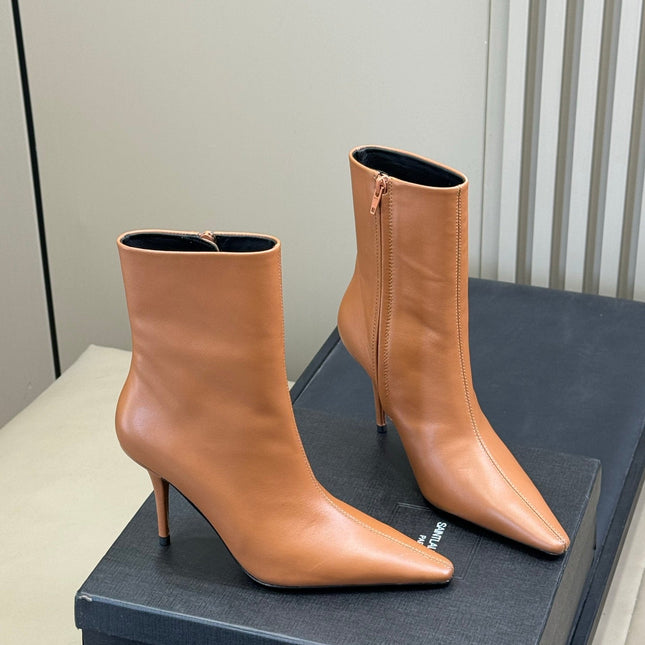 YSL 26S ZIPPERED HEELED BOOTS IN ORANGE BROWN CALFSKIN