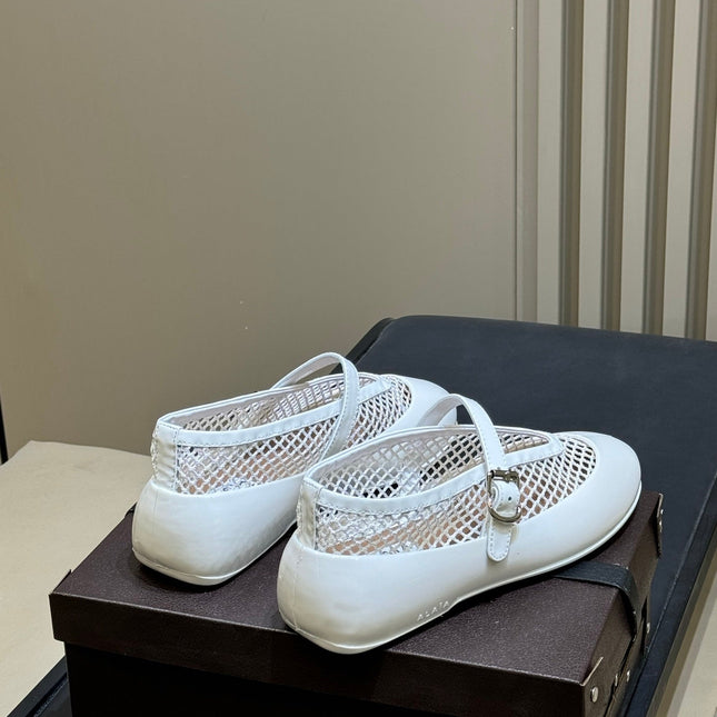 ALAIA 26S MARY JANE BALLET FLATS IN WHITE MESH AND GLOSSY CALFSKIN