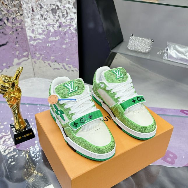 LV 26S TRAINER SNEAKERS IN LIME GREEN WHITE CALFSKIN WITH RHINESTONE