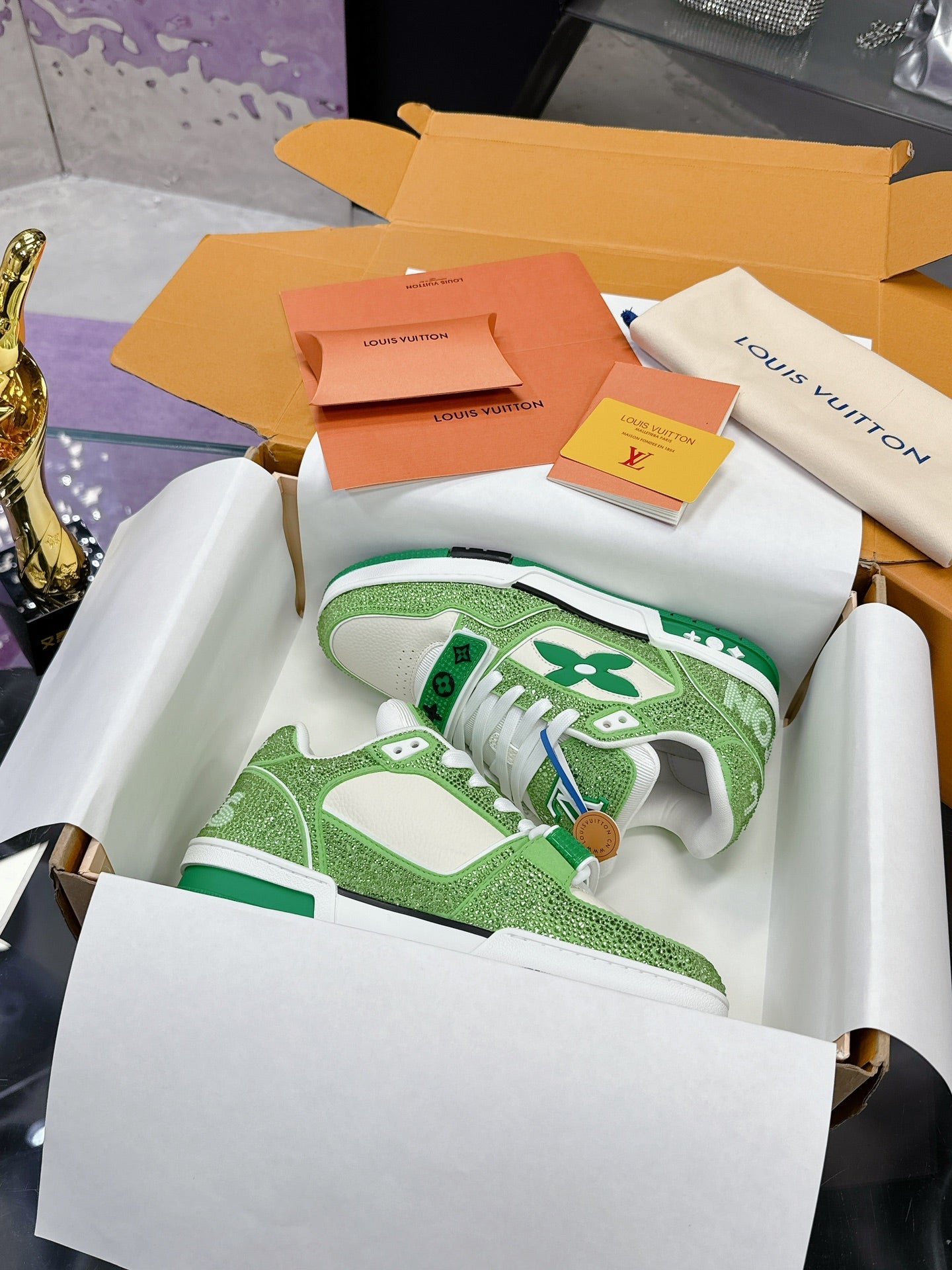 LV 26S TRAINER SNEAKERS IN LIME GREEN WHITE CALFSKIN WITH RHINESTONE