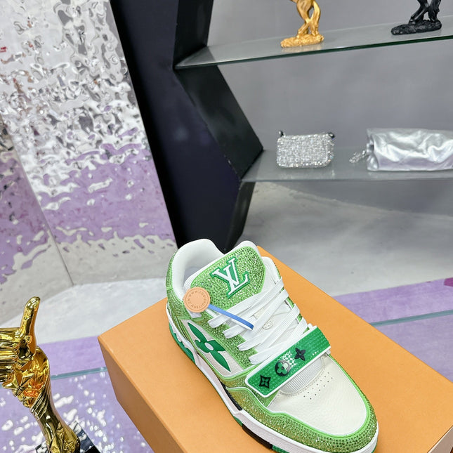 LV 26S TRAINER SNEAKERS IN LIME GREEN WHITE CALFSKIN WITH RHINESTONE