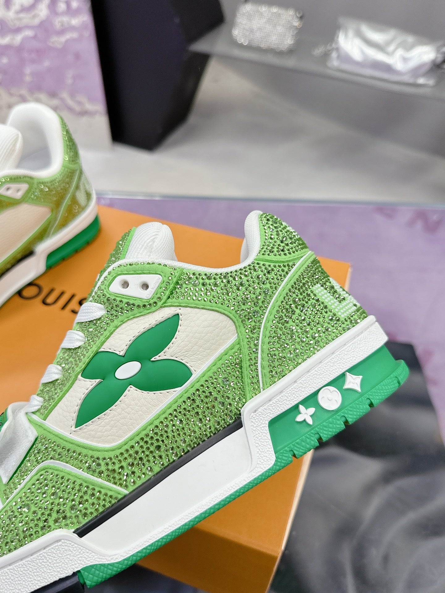 LV 26S TRAINER SNEAKERS IN LIME GREEN WHITE CALFSKIN WITH RHINESTONE