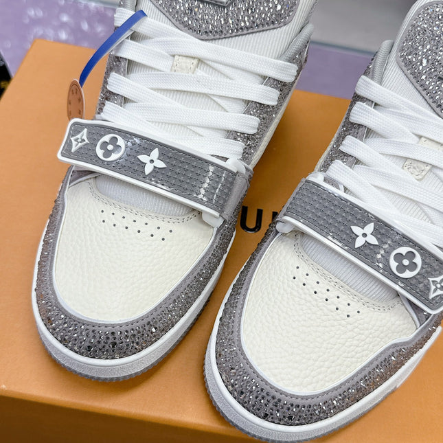 LV 26S TRAINER SNEAKERS IN WHITE GREY CALFSKIN WITH RHINESTONE