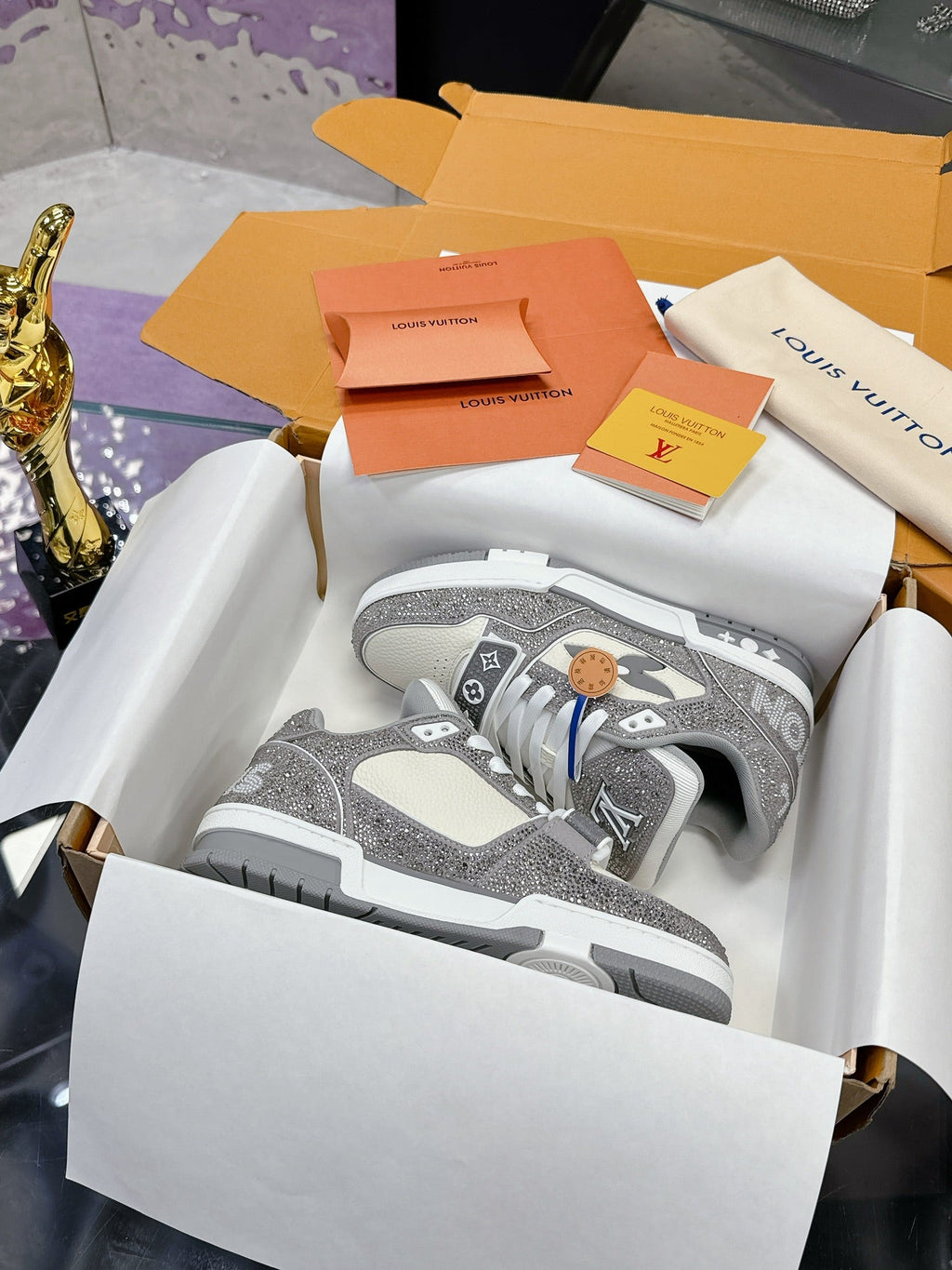 LV 26S TRAINER SNEAKERS IN WHITE GREY CALFSKIN WITH RHINESTONE