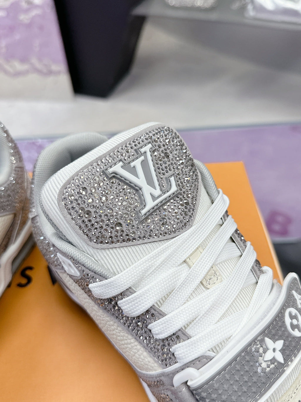 LV 26S TRAINER SNEAKERS IN WHITE GREY CALFSKIN WITH RHINESTONE